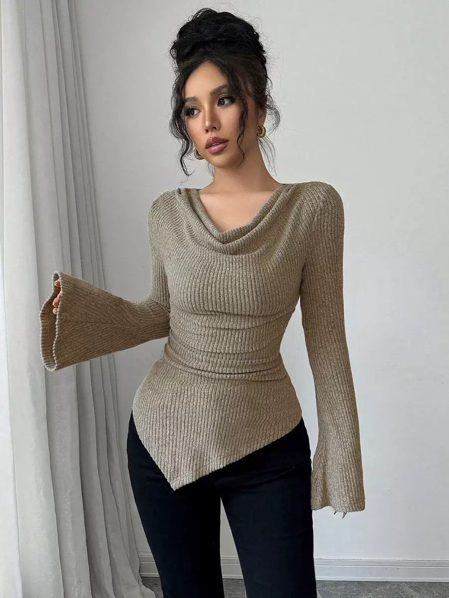 Autumn Winter Women Clothing Ribbing Bottoming Sweater off the Shoulder Slim Knitted Long Sleeved Top Office