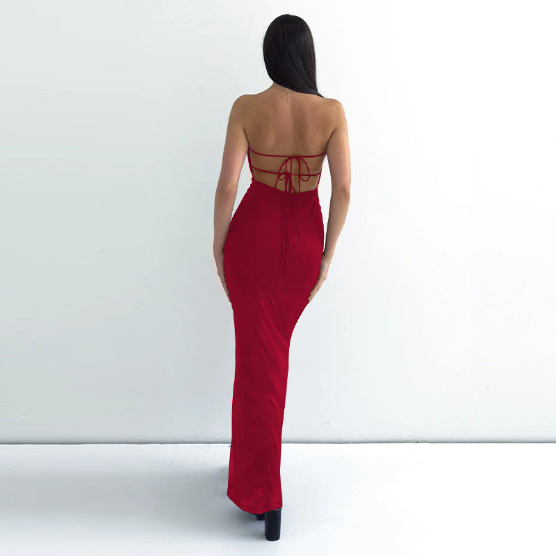 Women Clothing Summer Personalized Printed off Neck Tube Top Backless Tied Dress