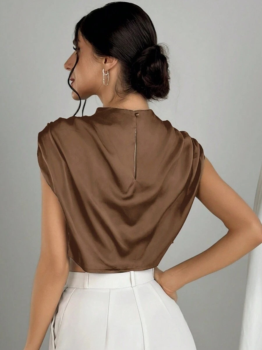 Women Clothing Pleated Batwing Sleeve Satin Shirt Stand Alone Satin Artificial Silk Short Top