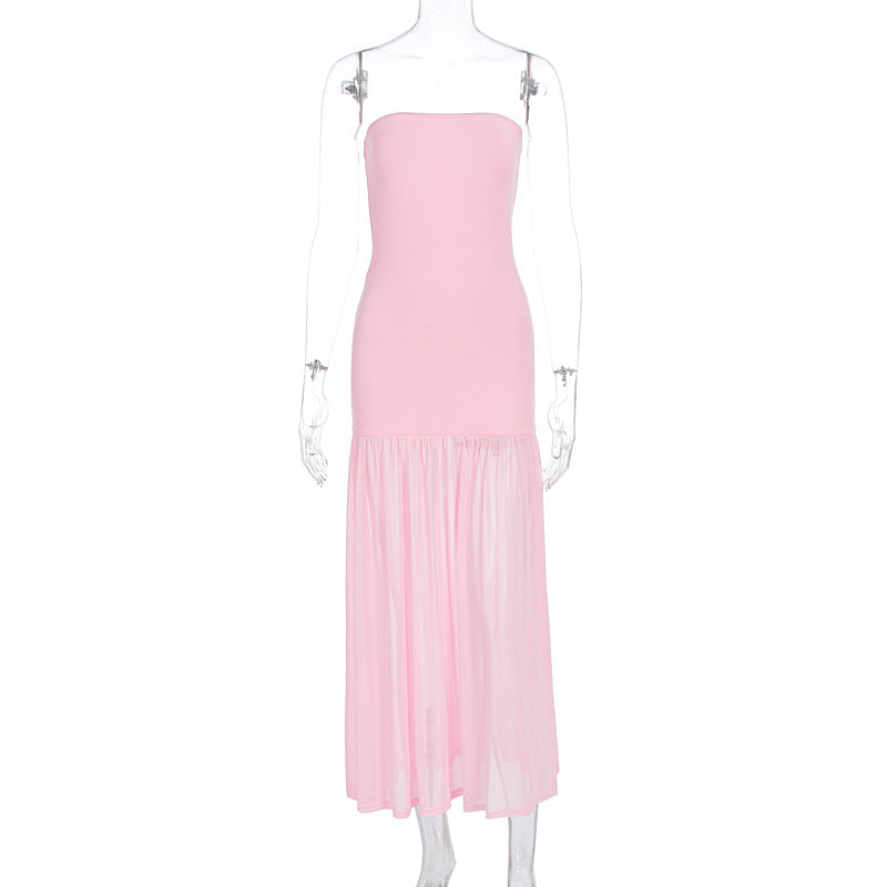 Summer Women Clothing Sexy Elegant Stitching Mesh Tube Top Slimming Dress