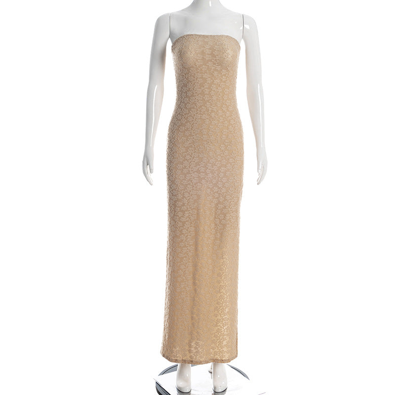 Tube Top Split Height Waist Slimming Jacquard Fabric Sheath Maxi Dress