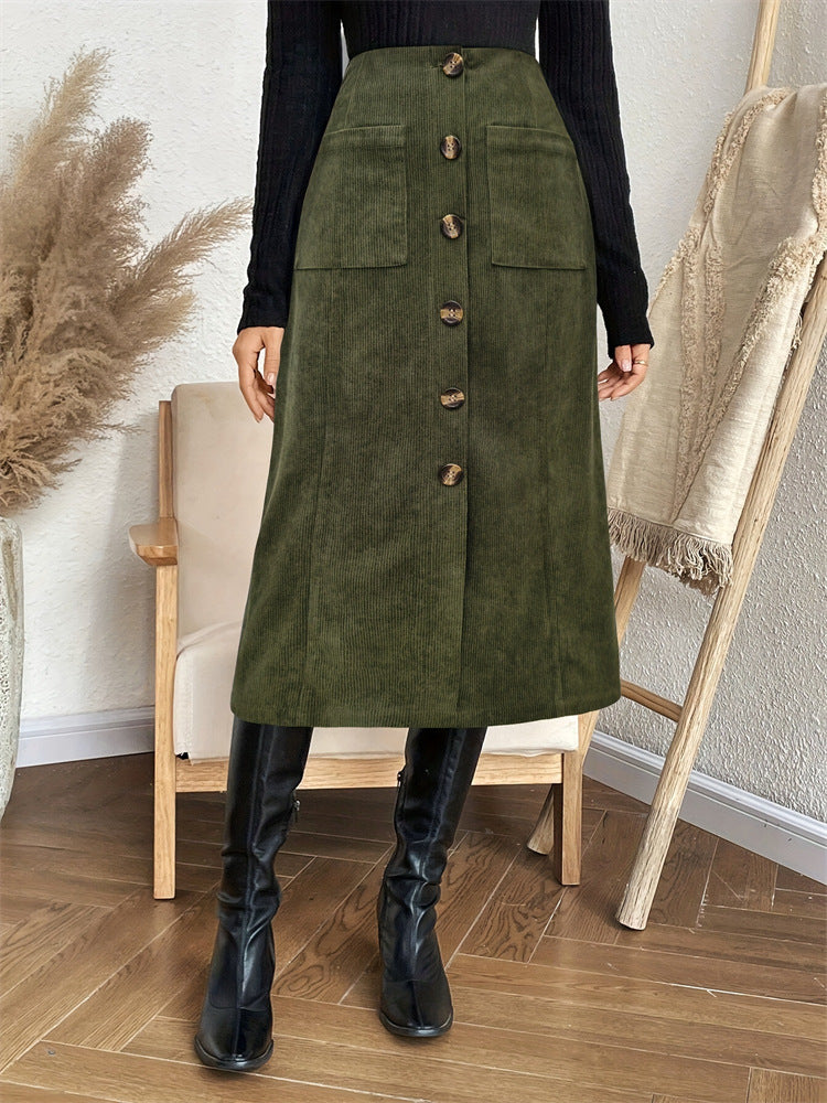 Women Autumn Skirt Casual Office Elastic Waist Breasted Patch Pocket Mock Fly Straight Mid Length Skirt