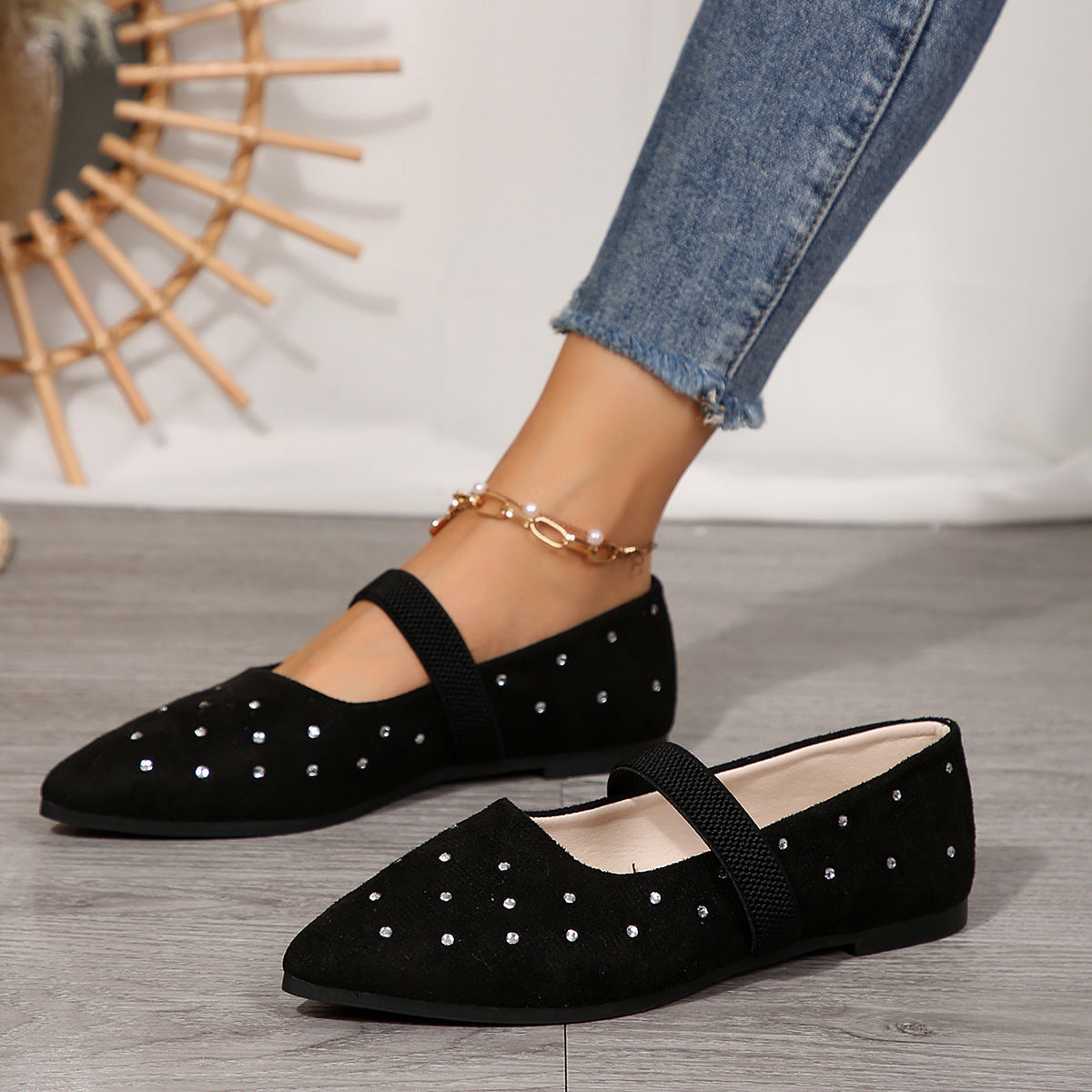 Pointed Toe Rhinestone Low Cut Flat Pumps Women Suede Four Seasons Work Shoes Supply