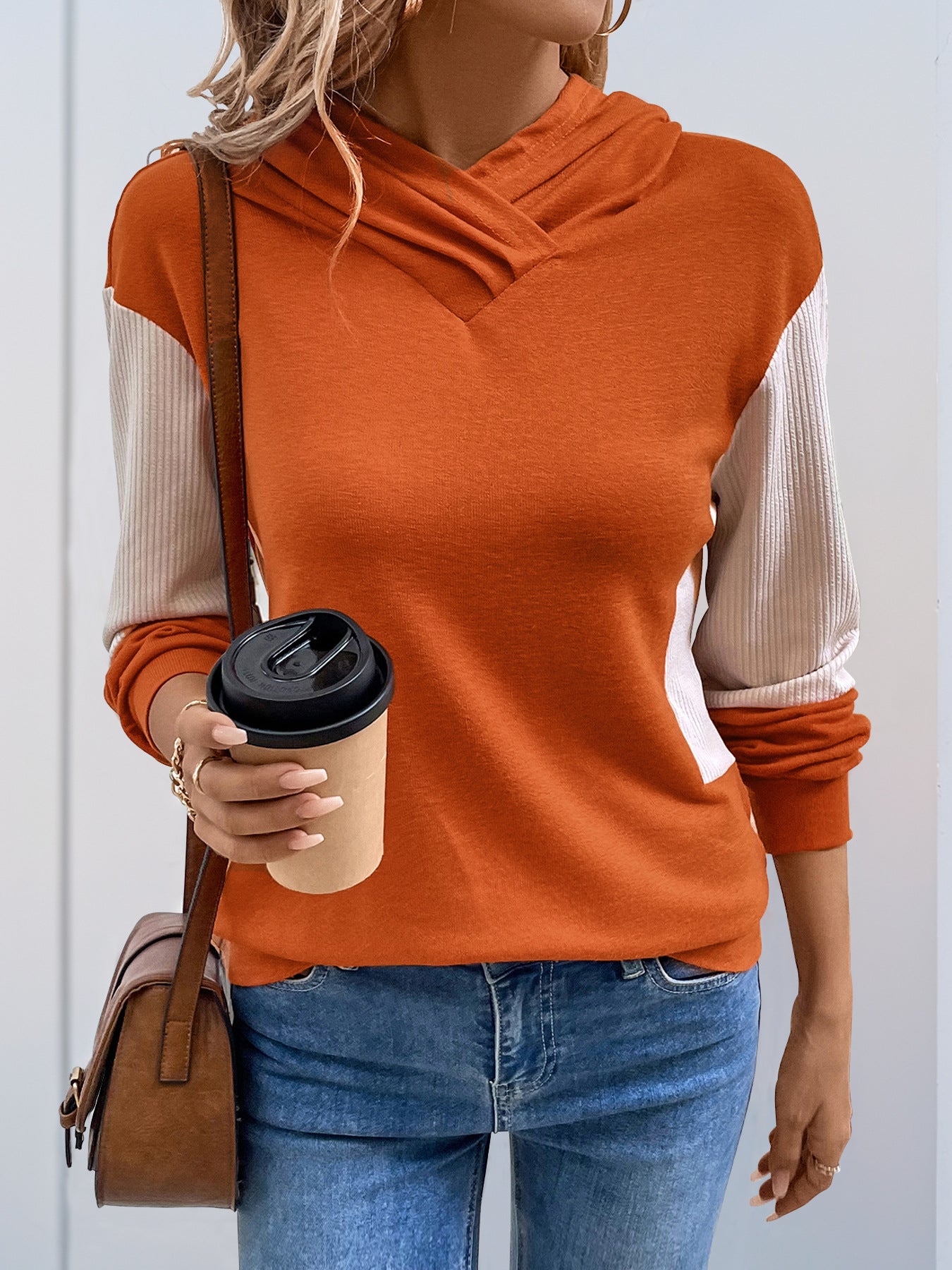 Autumn Knitted Color Blocking Sweatshirt Women Hooded