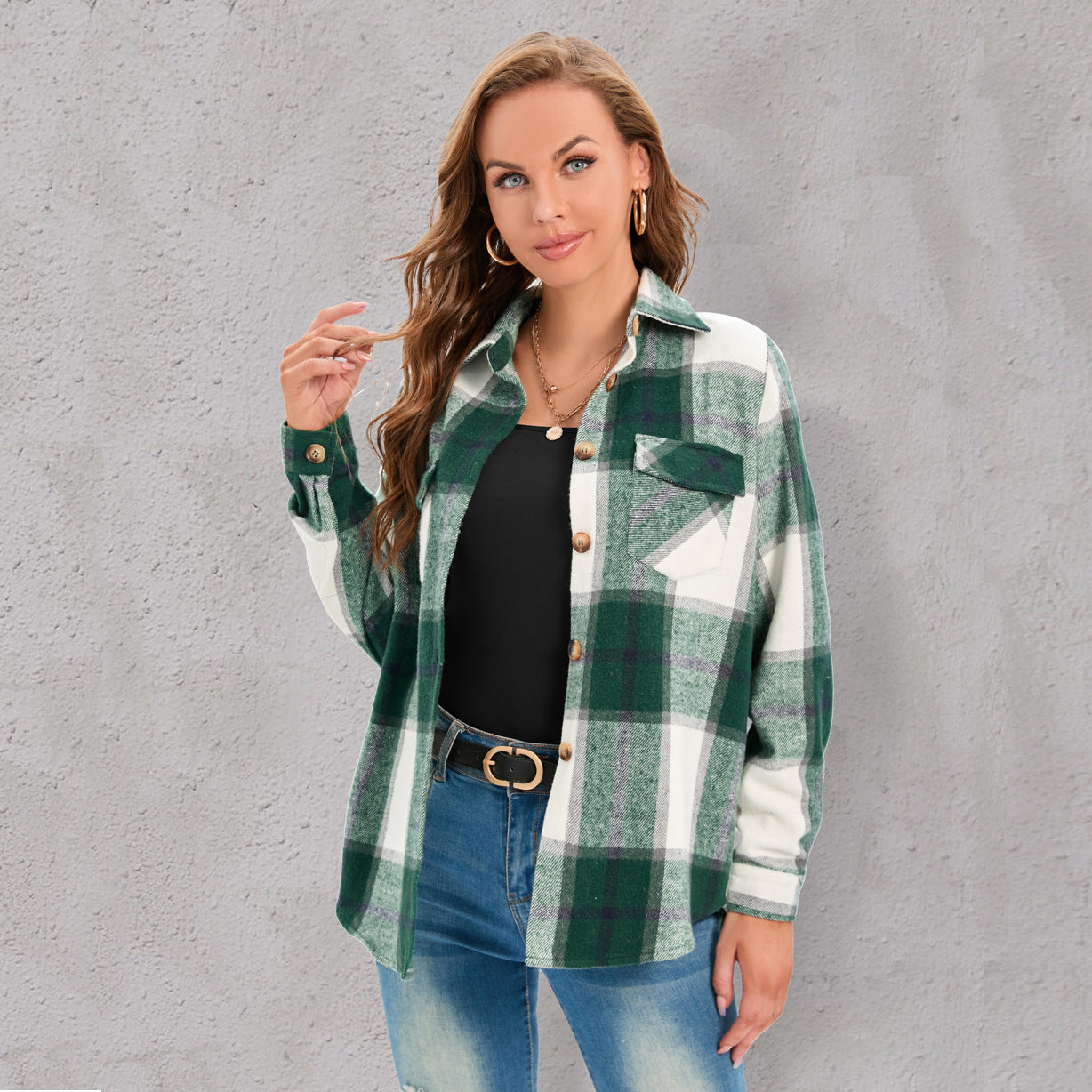 Popular Jacket Long Sleeved Plaid Button Shirt Top for Women