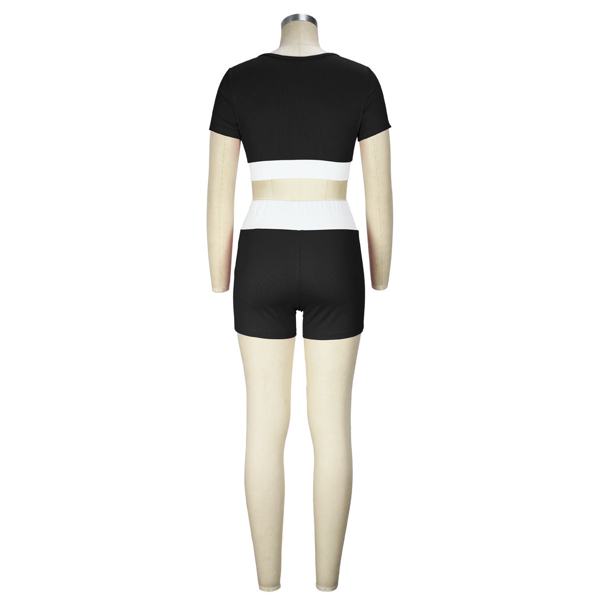Summer Women Clothing Contrast Color U Neck Short Sleeved Shorts Two Piece Set Sexy Cropped Yoga Suit