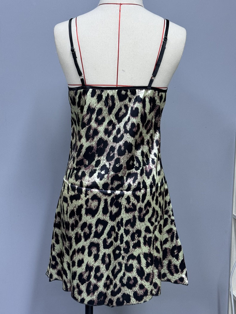 Sexy Backless Ice Silk Suspender Artificial Silk Nightdress Summer Printed Pajamas Short Women Homewear