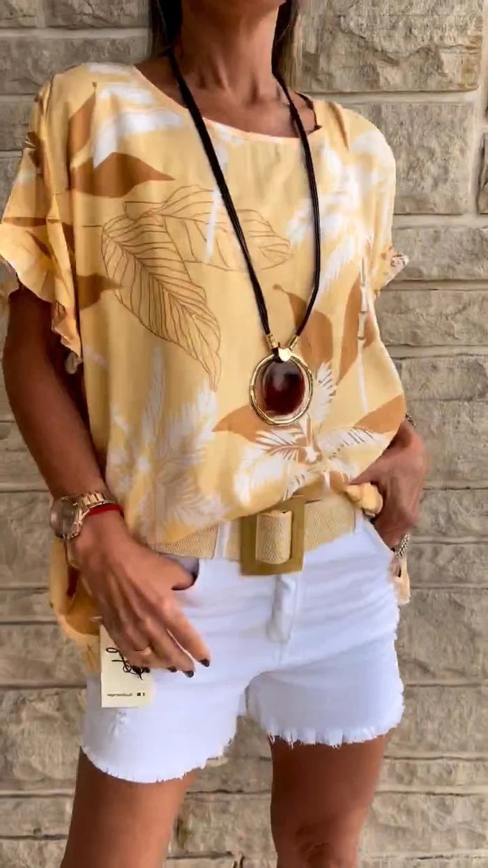 Short Sleeved T shirt Summer Leaf Printed Ruffle Sleeve Short Sleeved T shirt