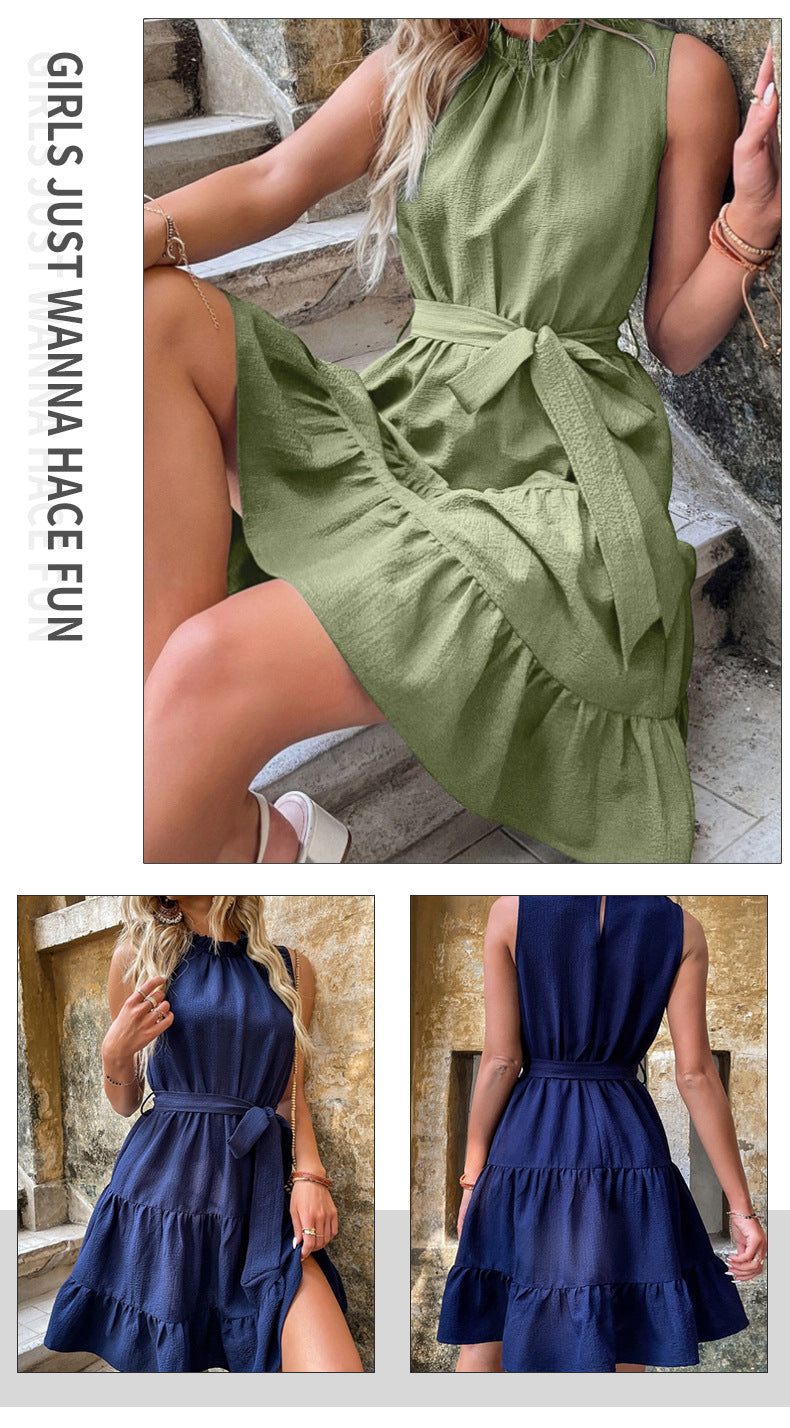 Summer Office Lace up Waist Women Dress Slim Beach Dress