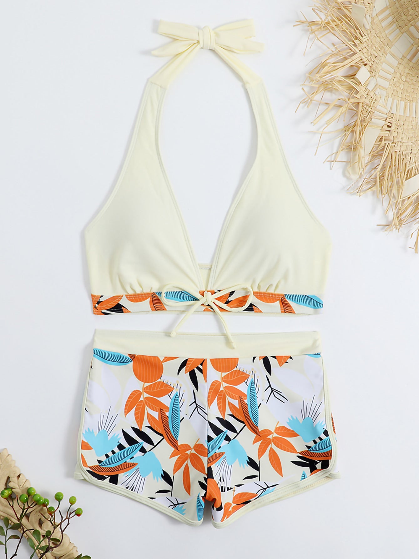 Swimsuit Women Split High Waist Boxer Lace Printing Solid Color Stitching Swimsuit