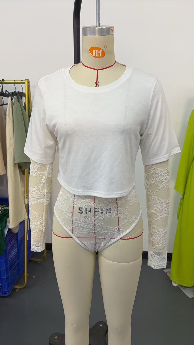One Piece Solid Color Cropped Outfit Slim Lace Stitching Short Sleeve Top