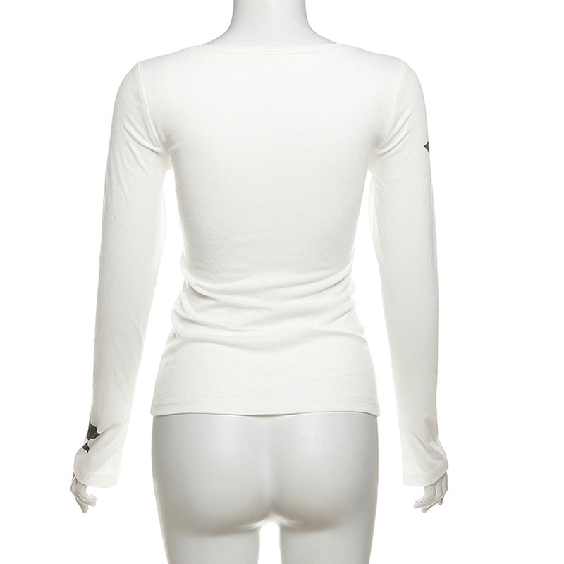 Autumn Sexy See through Slim Fit V neck Printed Long Sleeved T shirt Top Women Clothing