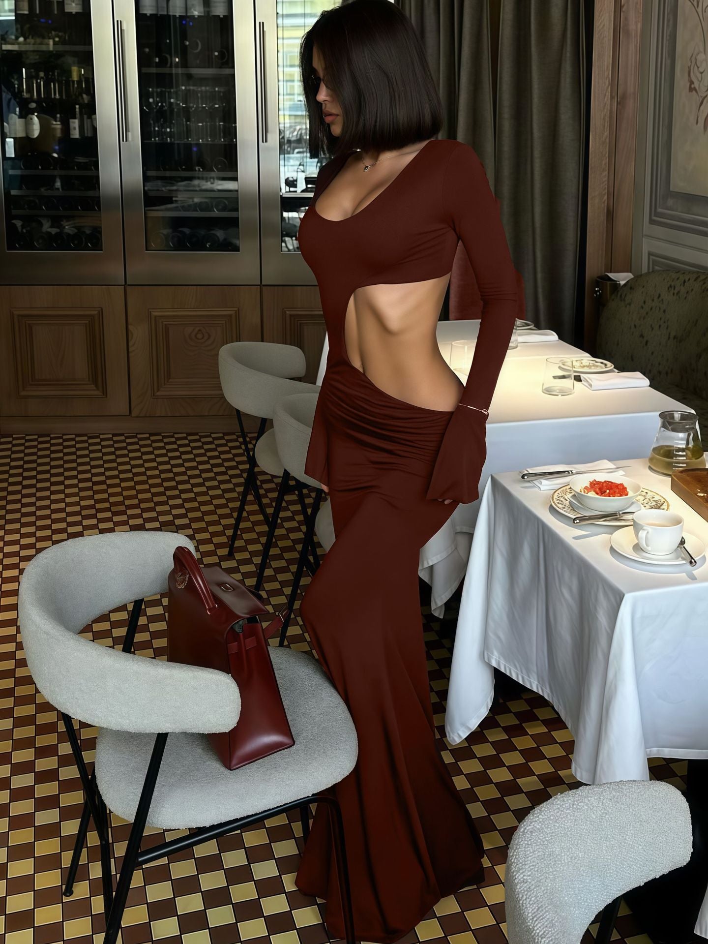 Women Clothing Fashionable Elegant Sexy Hollow Out Cutout Slim Fit U Neck Long Sleeved Dress
