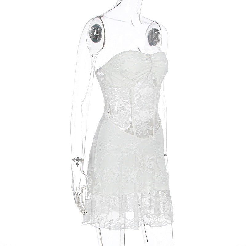 Summer Women Sexy Lace Stitching Tube Top Slim Fit See through Dress