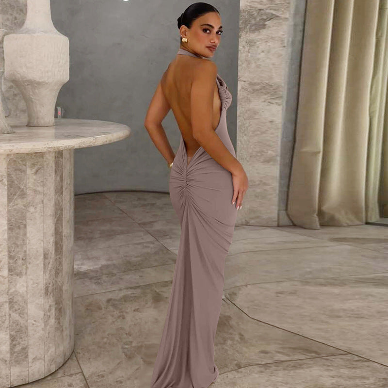 Slim Fit Maxi Dress Summer Solid Color Halter Pleated Sexy Backless Dress