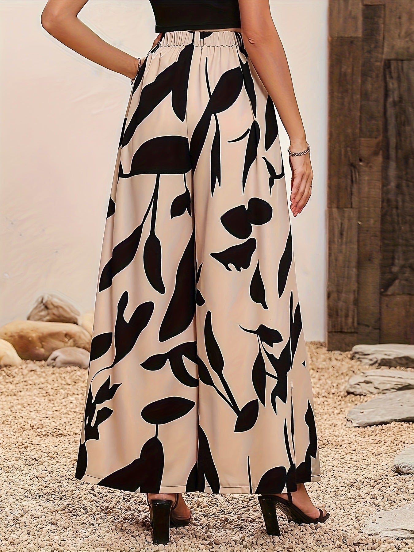 Women Clothing Spring Autumn Pants Leaf Printing High Waist Drooping Wide Leg Casual Pants