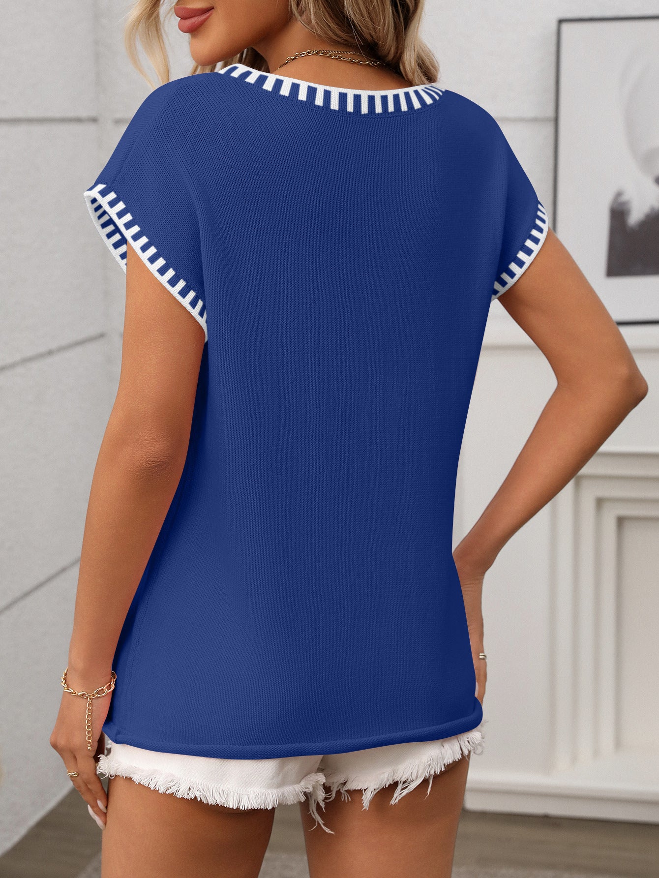 Summer Women Clothing Pullover Short Sleeve V neck Short Sleeve Striped Knitted Sweater