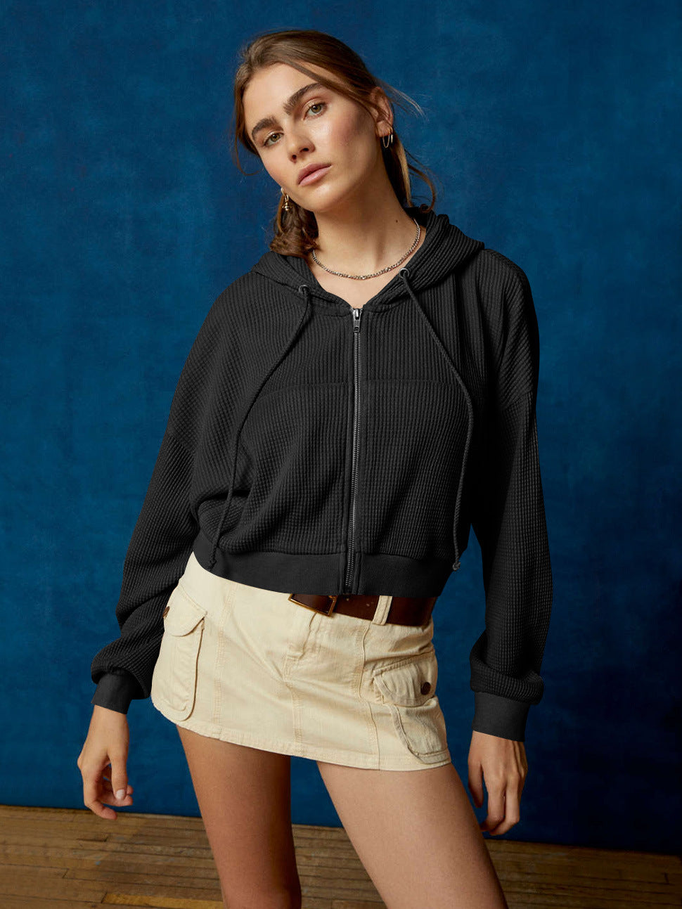Autumn Casual Sweatshirt Women Slimming Hooded Zip Cardigan Waffle Solid Color Short Coat
