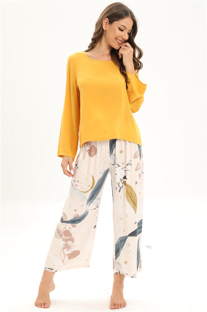 Rayon Home Wear Suit Casual Pajamas Women Long Sleeved Trousers