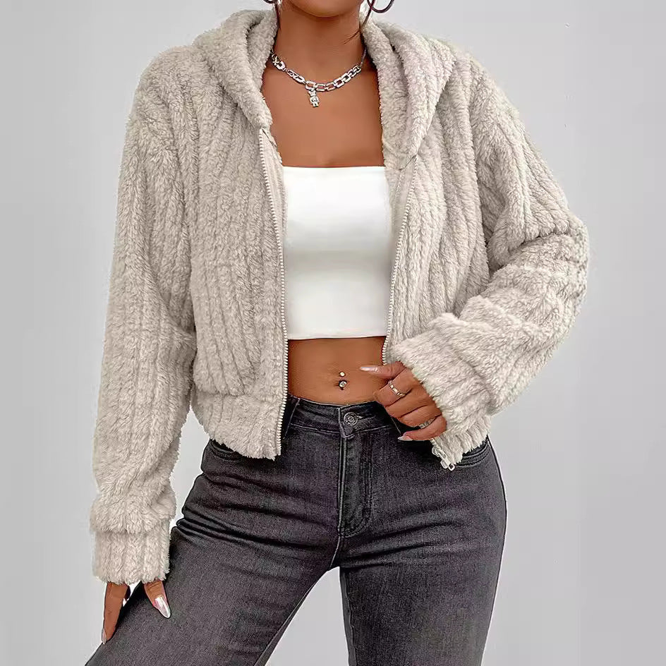 Product Hooded Zipper Short Plush Top Coat for Women
