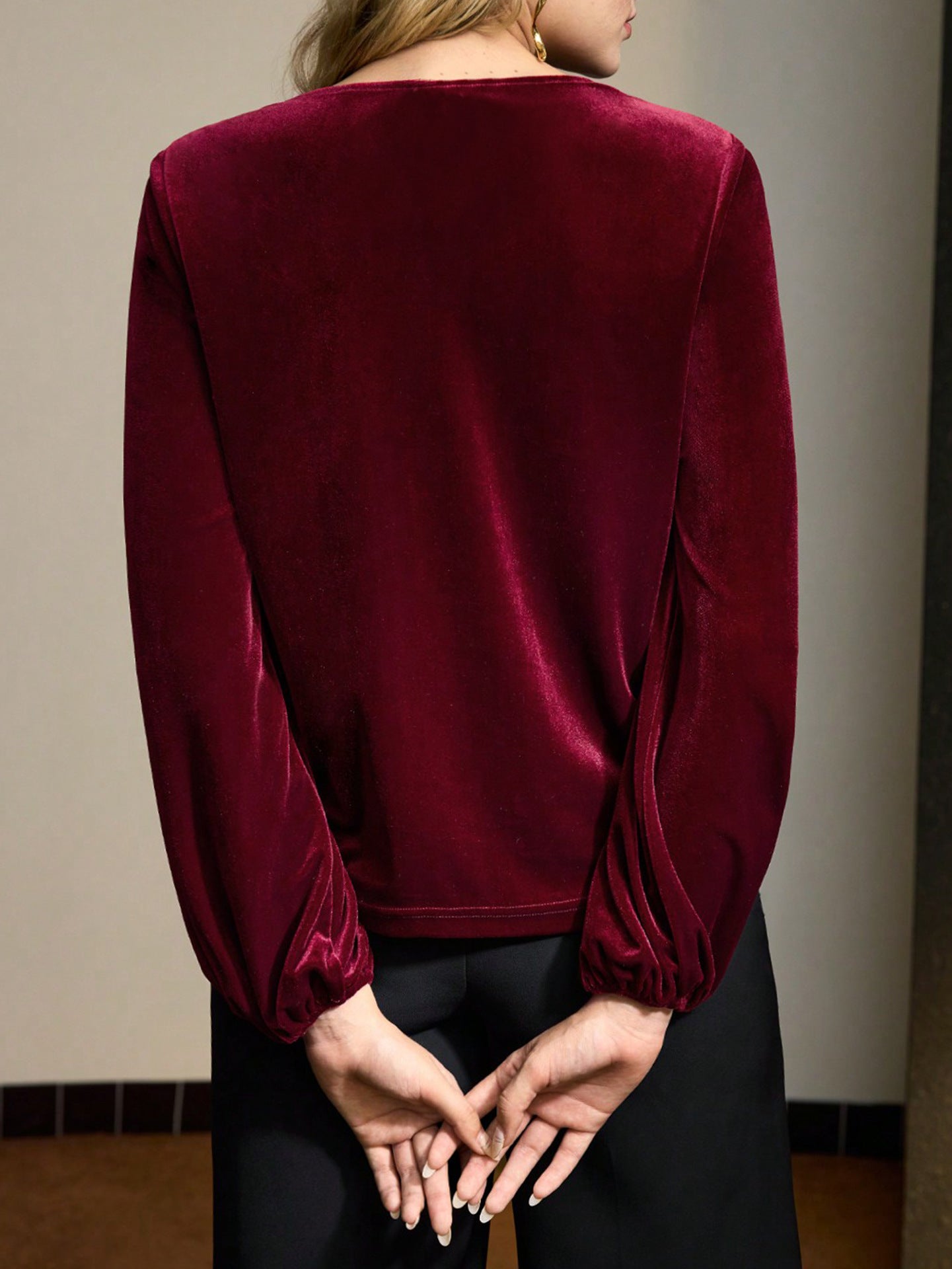 Women Clothing Autumn Velvet Pleated Long Sleeved Shirt Twisted Shoulder Collar Shirt