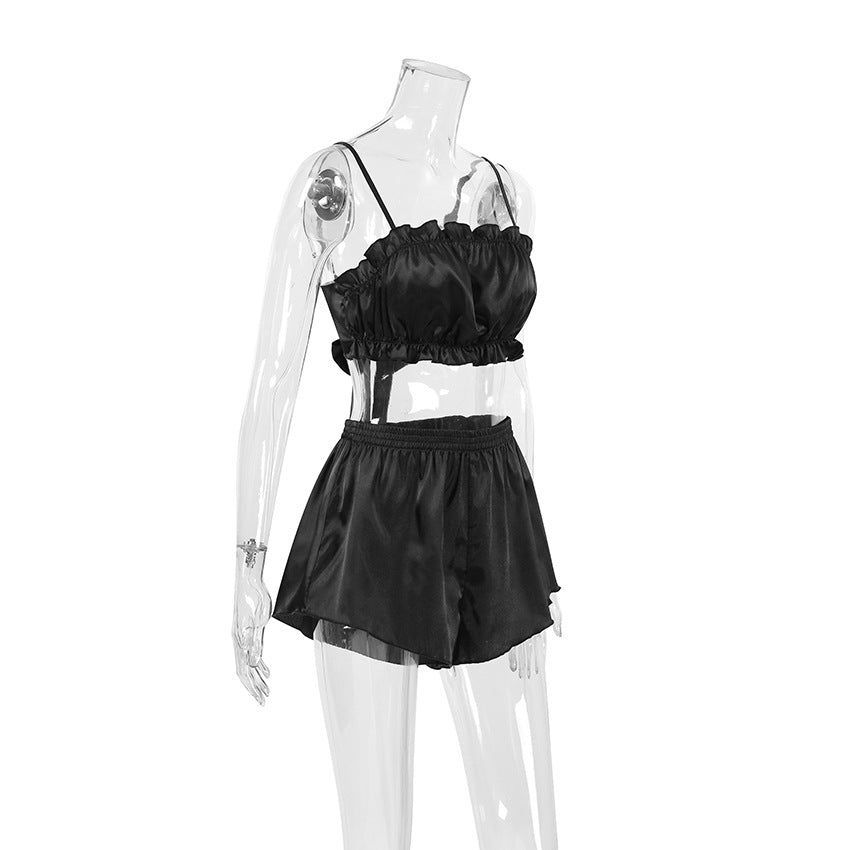 Summer Satin Design Sexy Pajamas Sexy Tied Spaghetti Strap Shorts Two Piece Set Homewear