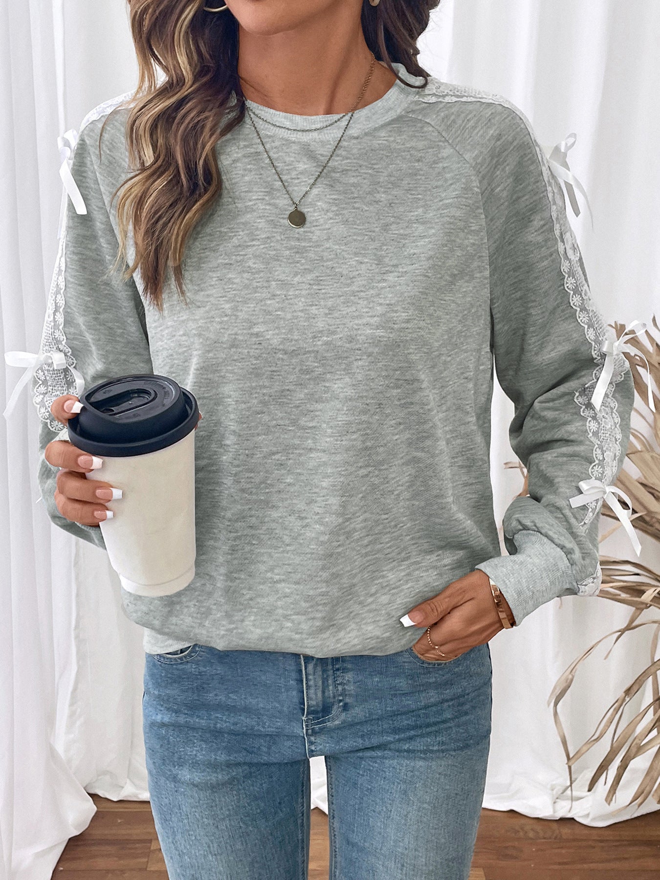 Casual Sweet Top Bow Lace Stitching Gray Long Sleeves Autumn Sweatshirts