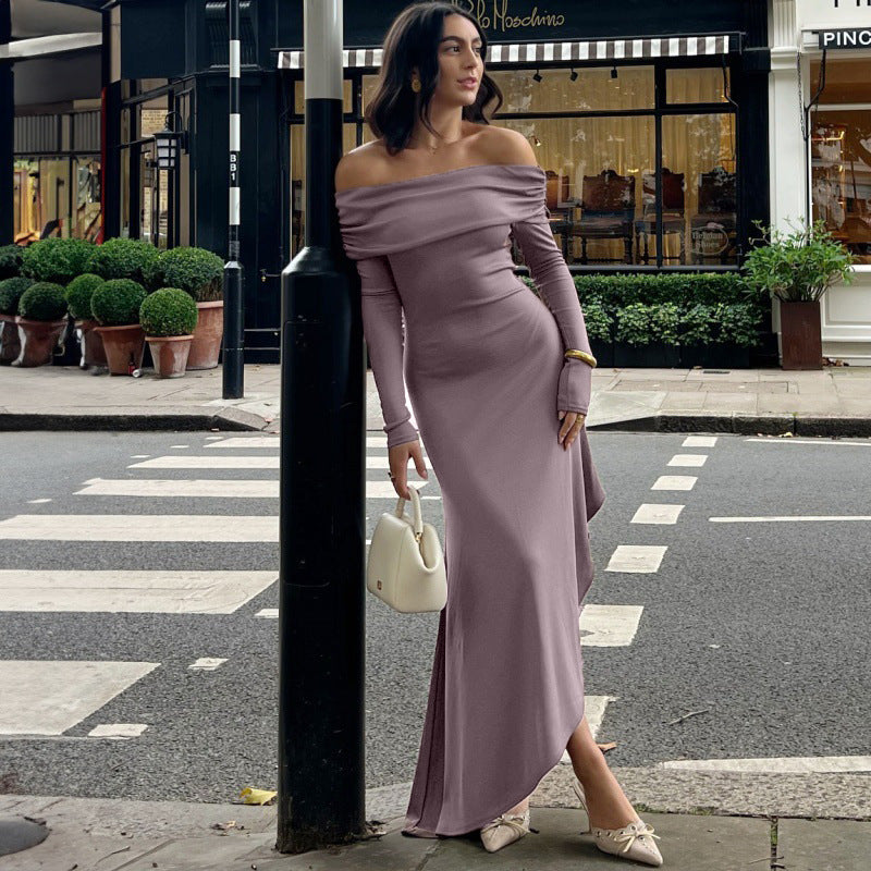 Women Clothing Autumn Winter off Shoulder Long Sleeve Slim Solid Color Irregular Asymmetric Dress