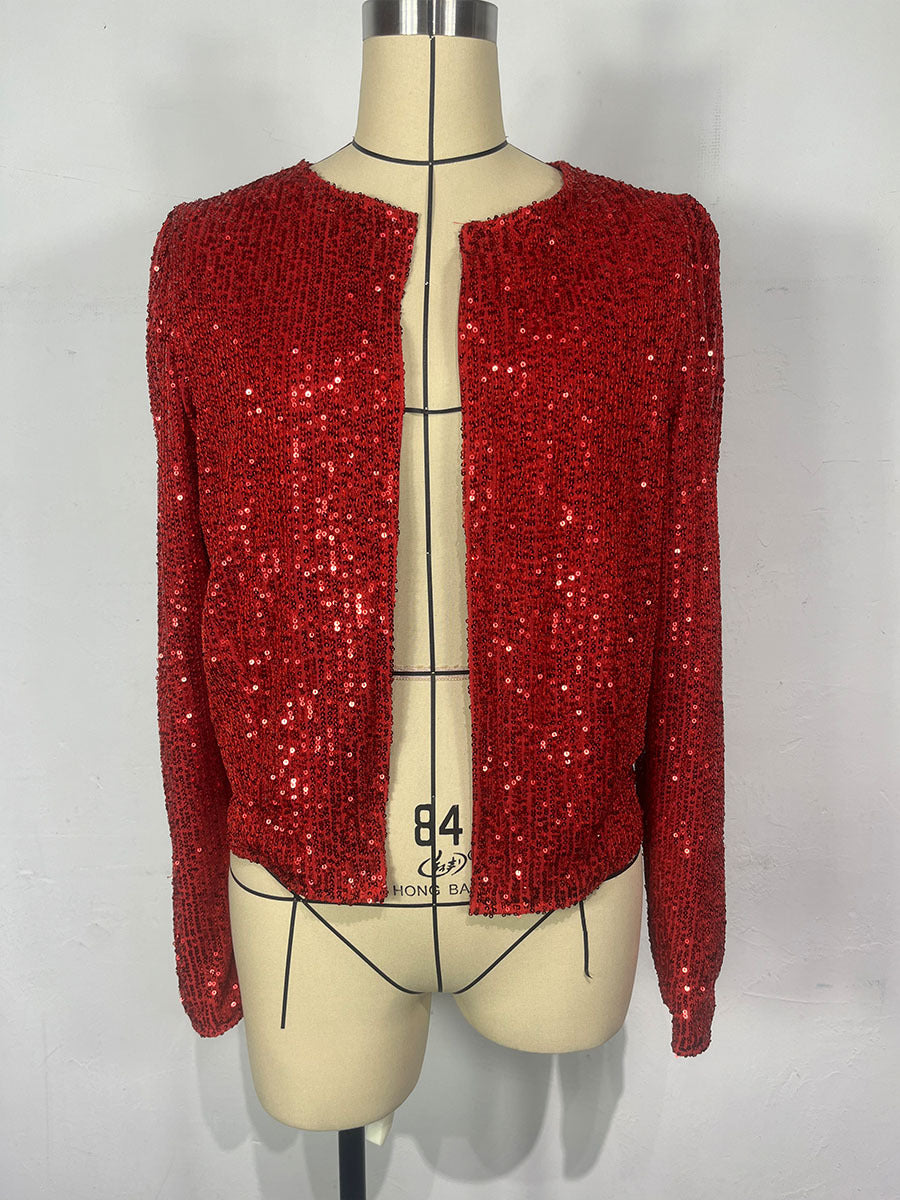 Women Autumn Round Neck Long Sleeve Solid Color Cardigan Casual All Match Sequin Coat