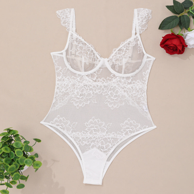 Sexy Lace Steel Ring See through Push up Solid Color Slimming Thin Comfortable Jumpsuit Sexy Lingerie