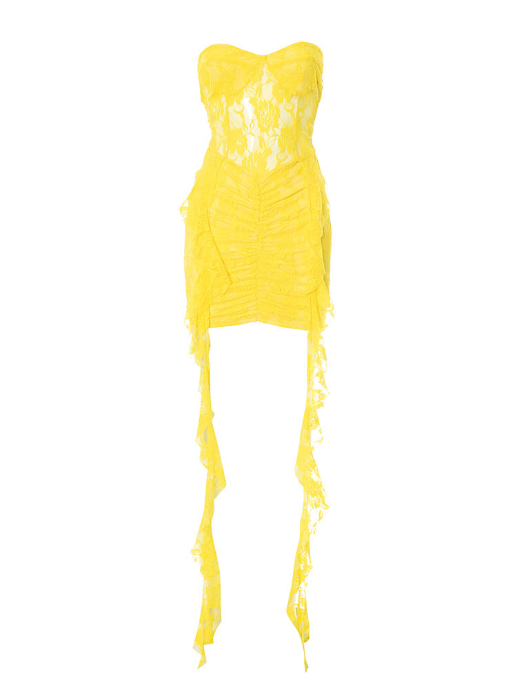 Women Clothing Sleeveless Backless Lace Ribbon Ruffled Skinny Sheath Short Dress