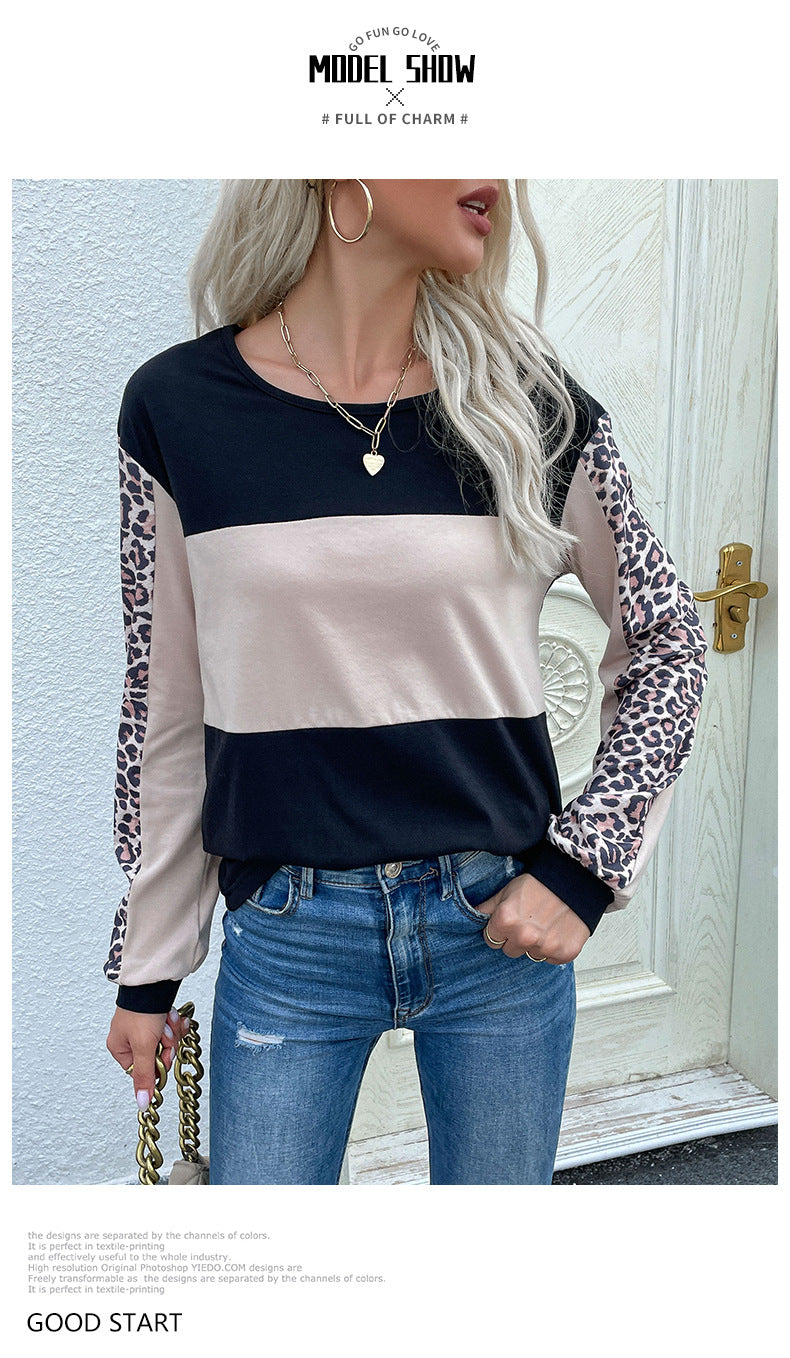 Autumn Loose Casual Top Leopard Print Stitching Long Sleeve T Women Sweatshirt