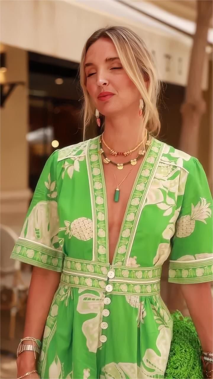 Summer Printed V neck Short-Sleeved Jumpsuit Women