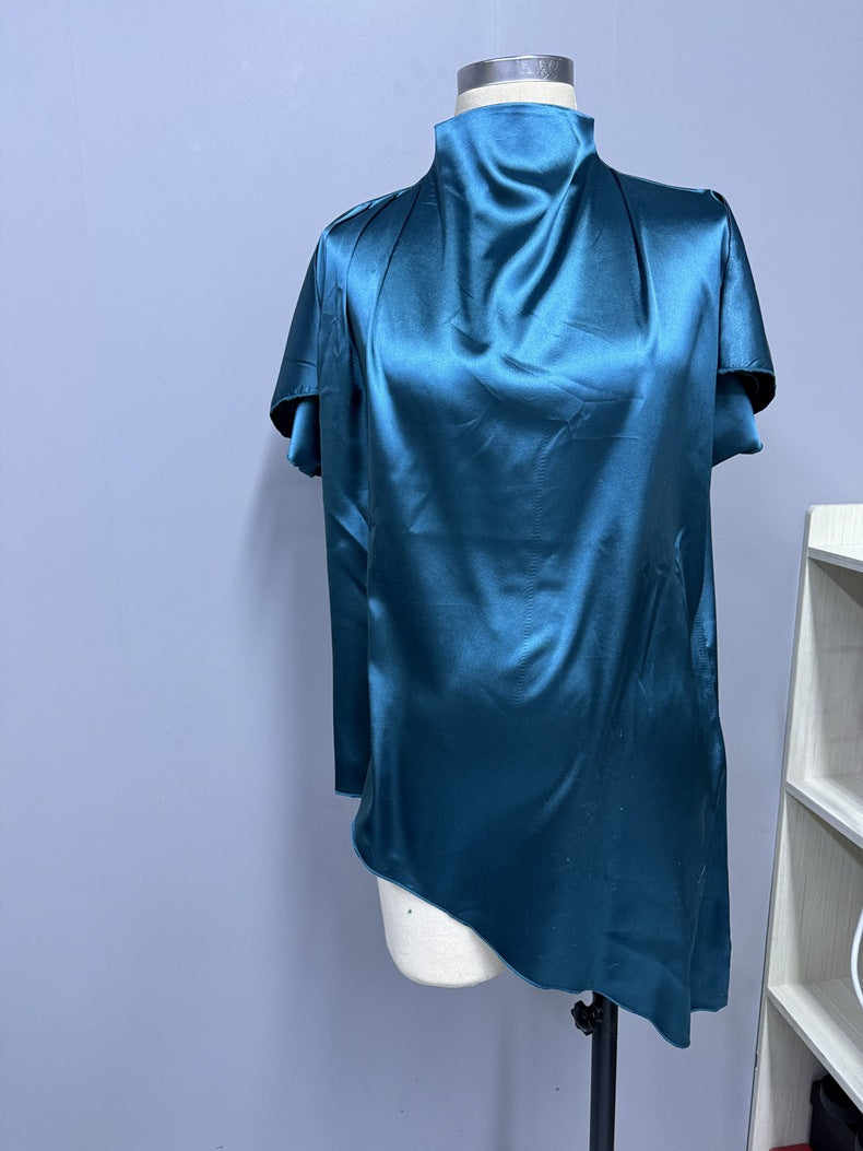Satin Shirt Autumn Winter Batwing Sleeve Asymmetric Hem Shirt Top
