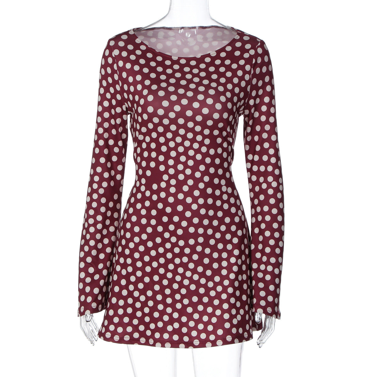 Women Clothing Autumn Polka Dot Print Slim Fresh Long Sleeve Short Dress