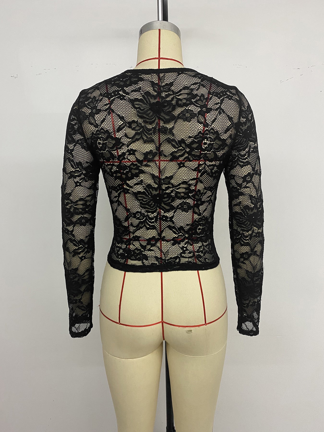Elegant Sexy Back See through Lace Deep V Plunge neck Long Sleeve Black Top for Women
