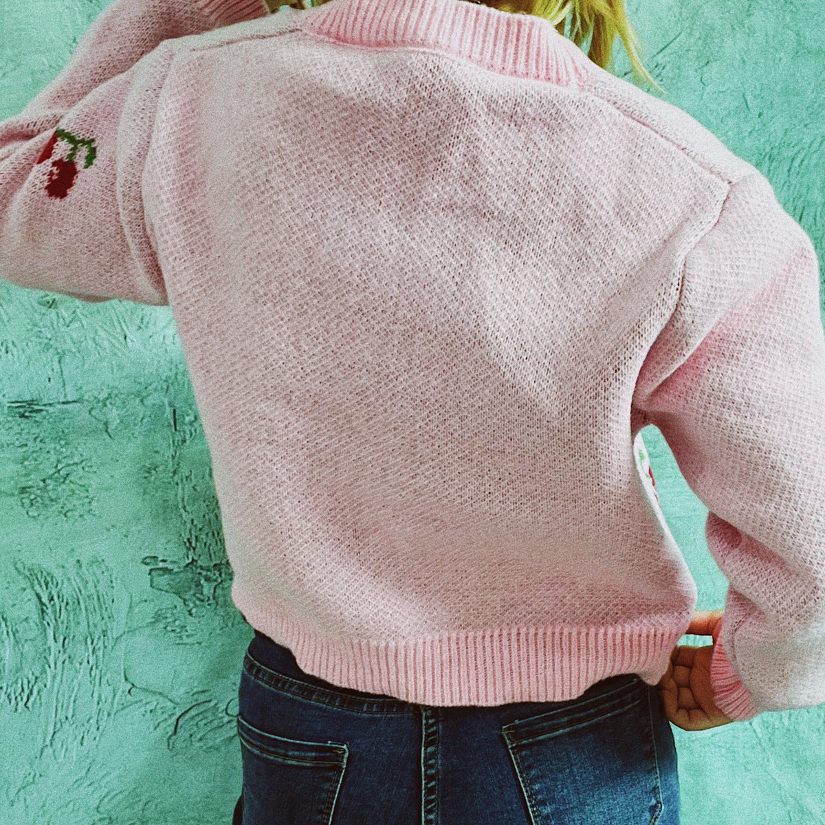 Autumn Winter Small Coat Single-Breasted Long Sleeve Short Sweater Cardigan for Women Sweet Cute Cherry Pattern