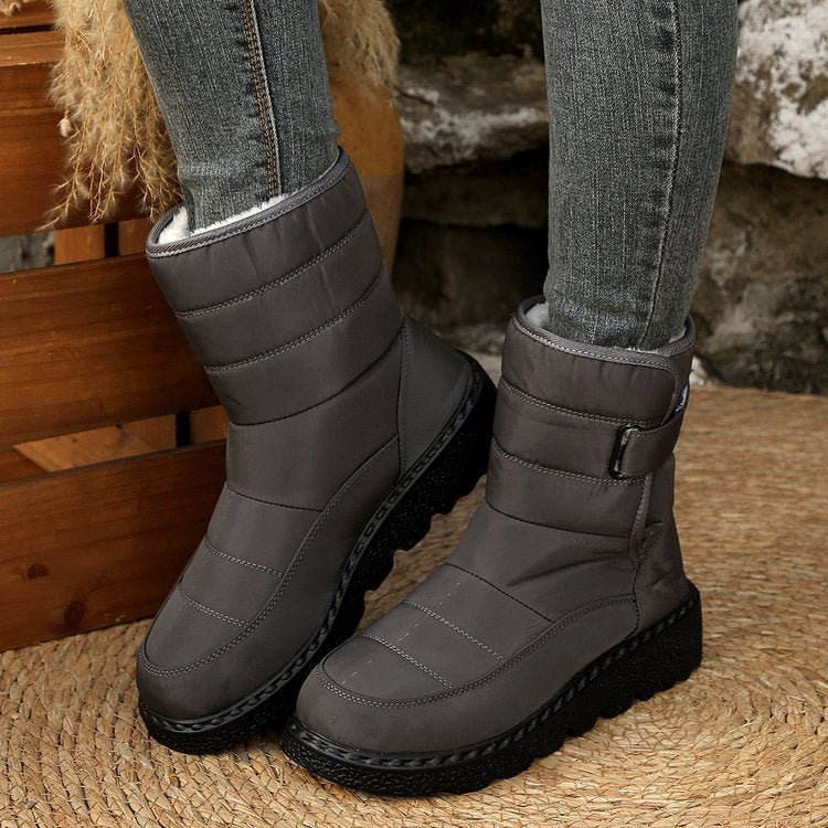 Winter Fleece Lined Warm Slugged Bottom Snow Boots Women Velcro down Cloth Mid Calf Cotton Shoes