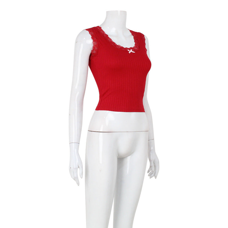 Women Sexy Square Neck Lace Edge Stitching Sleeveless Camisole Red Sweet Spicy Short Top for Women