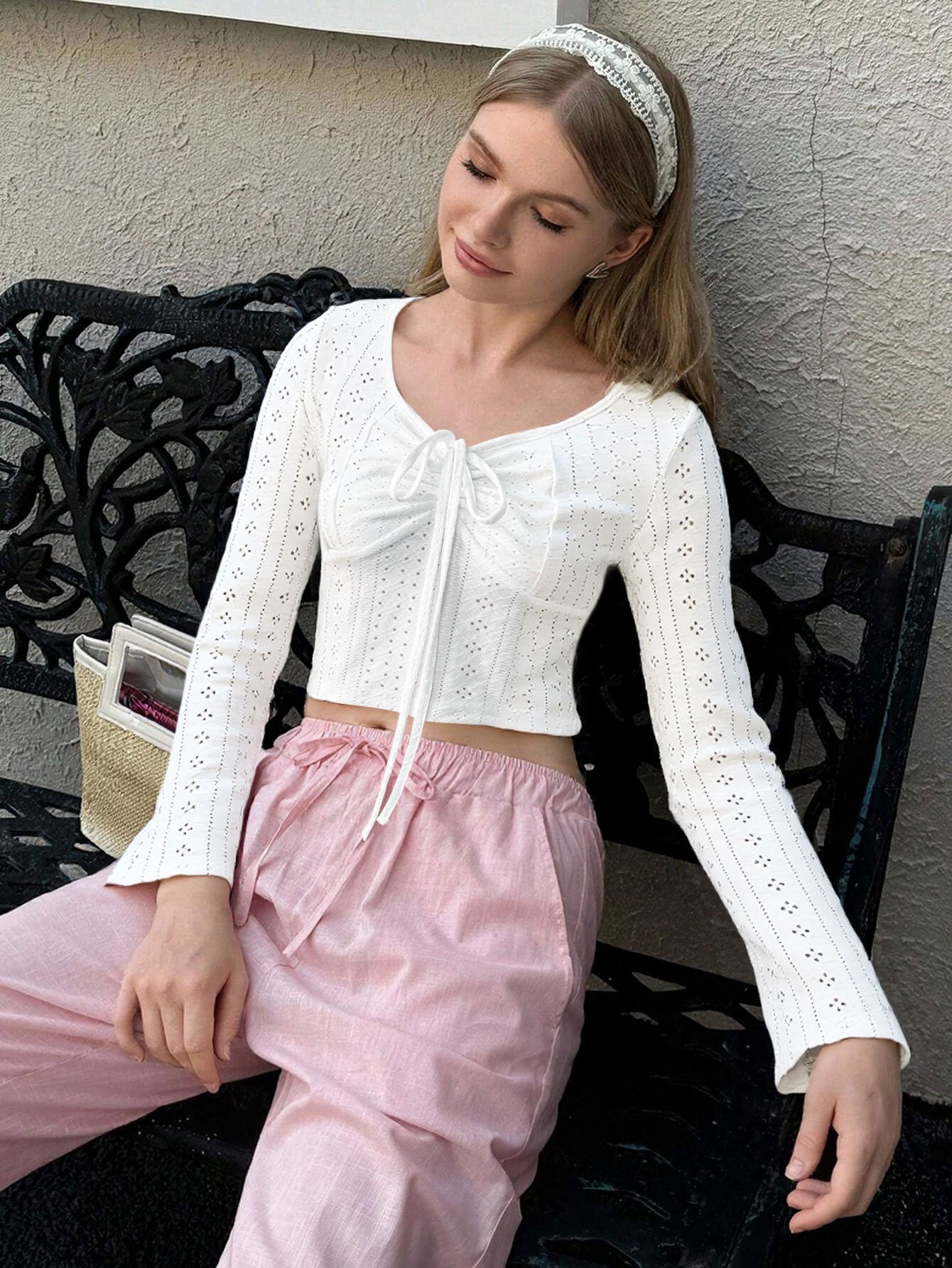 Long Sleeve Fall Women Clothing Unique Chic Hollow Out Cutout out Short Lace up Breathable Solid Color Top