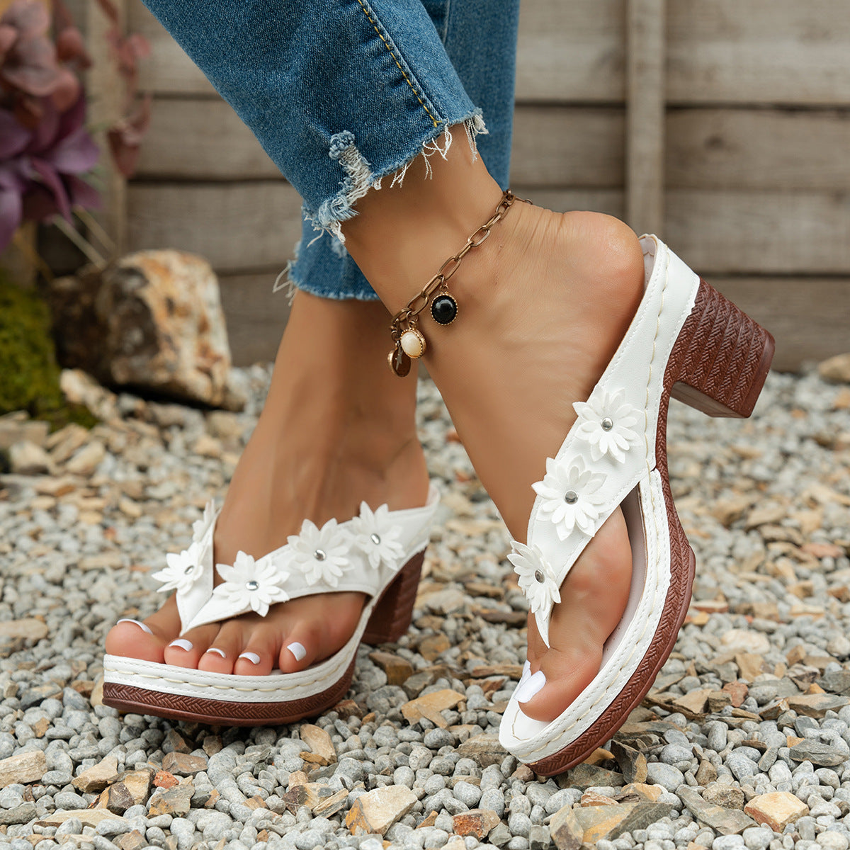 Summer Thick Heel Peep Toe Flip Flops Women Casual Floral High Heel Flip Flops