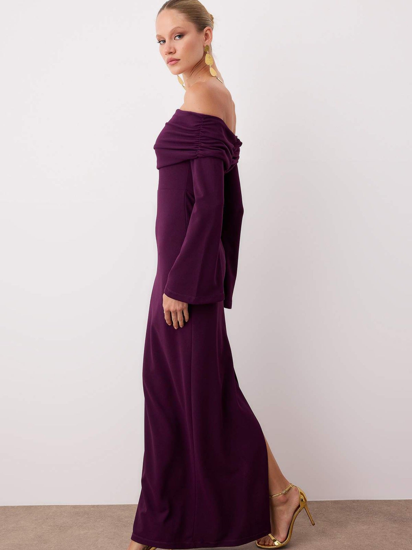 Maxi Dress Women Sexy Solid Color off Shoulder Pleated Long Sleeve Autumn Dress Women