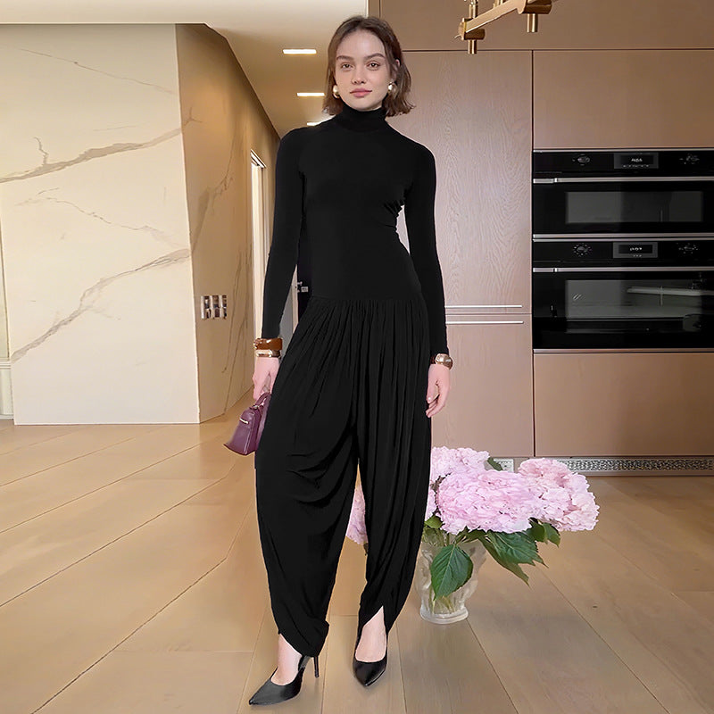 Fall Women Clothing Slim Fitting Cool Turtleneck Solid Color Long Sleeve Pleated High Waist One Piece Trousers Women