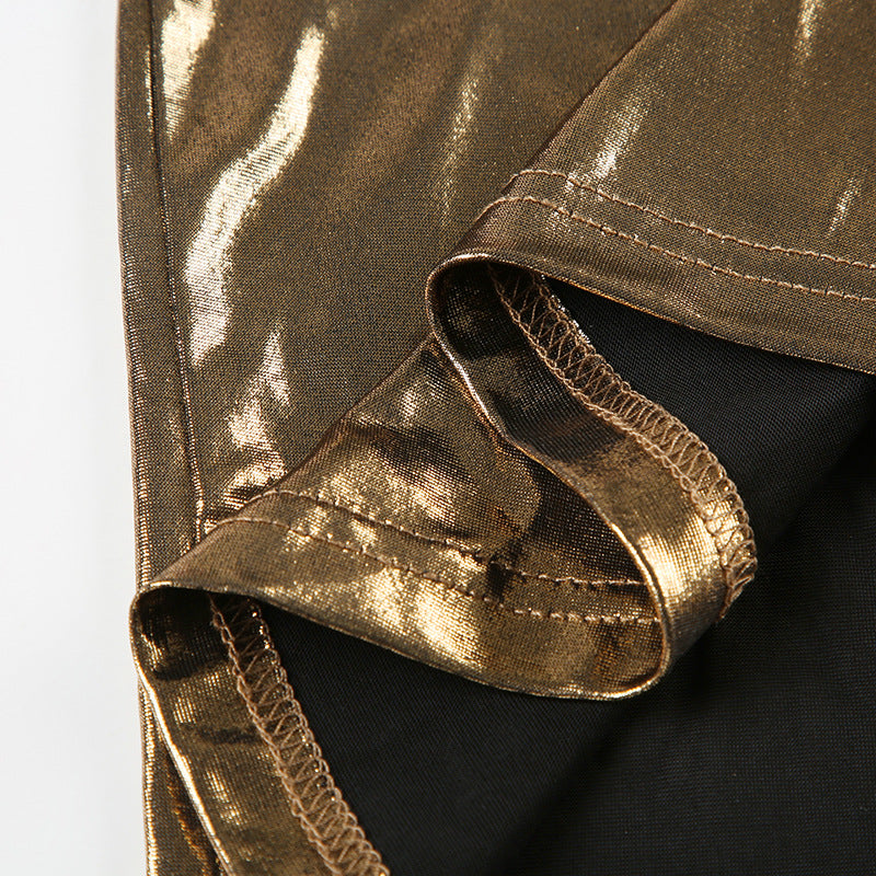Metallic Glossy Features Swing Collar Sleeveless Halter Dress Backless Sheath Sexy Dress