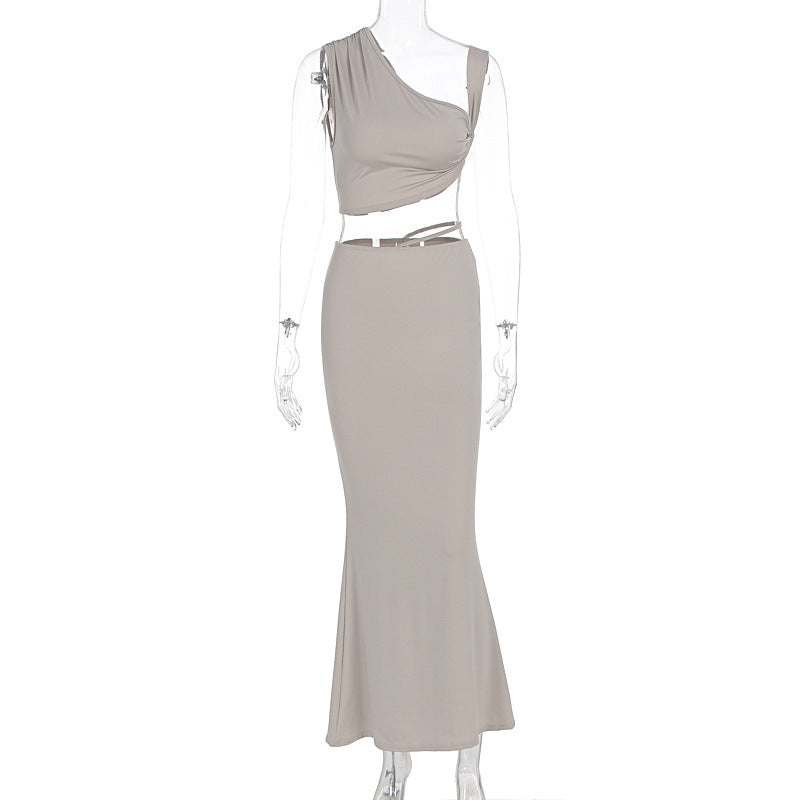 Summer Solid Color Sexy One Shoulder Diagonal Collar Top Exposed Cropped Skirt Two Piece Sets