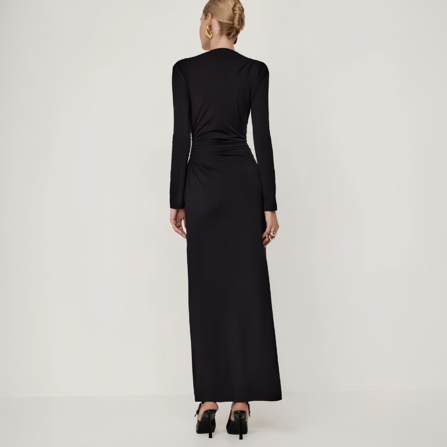 Autumn Women Long Sleeve Fitted Waist Pleated Slim Maxi Dress