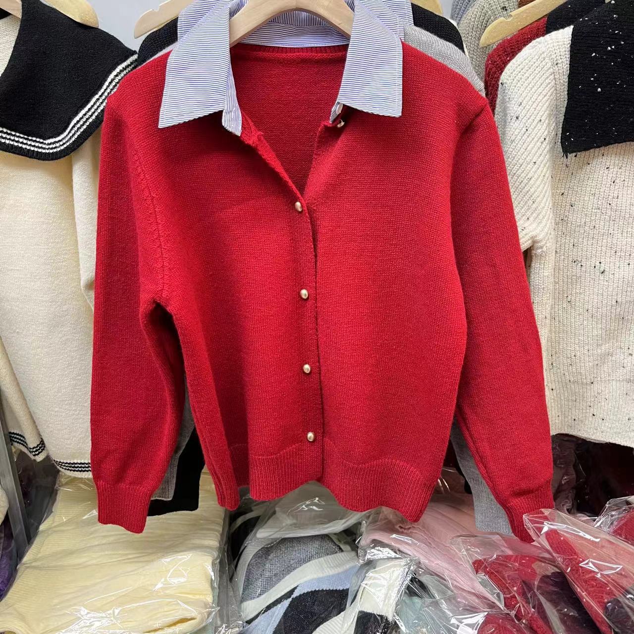 Spring Faux Two Piece Knitted Cardigan Sweater for Women Office Korean Shirt Collar Single Breasted Cardigan for Women