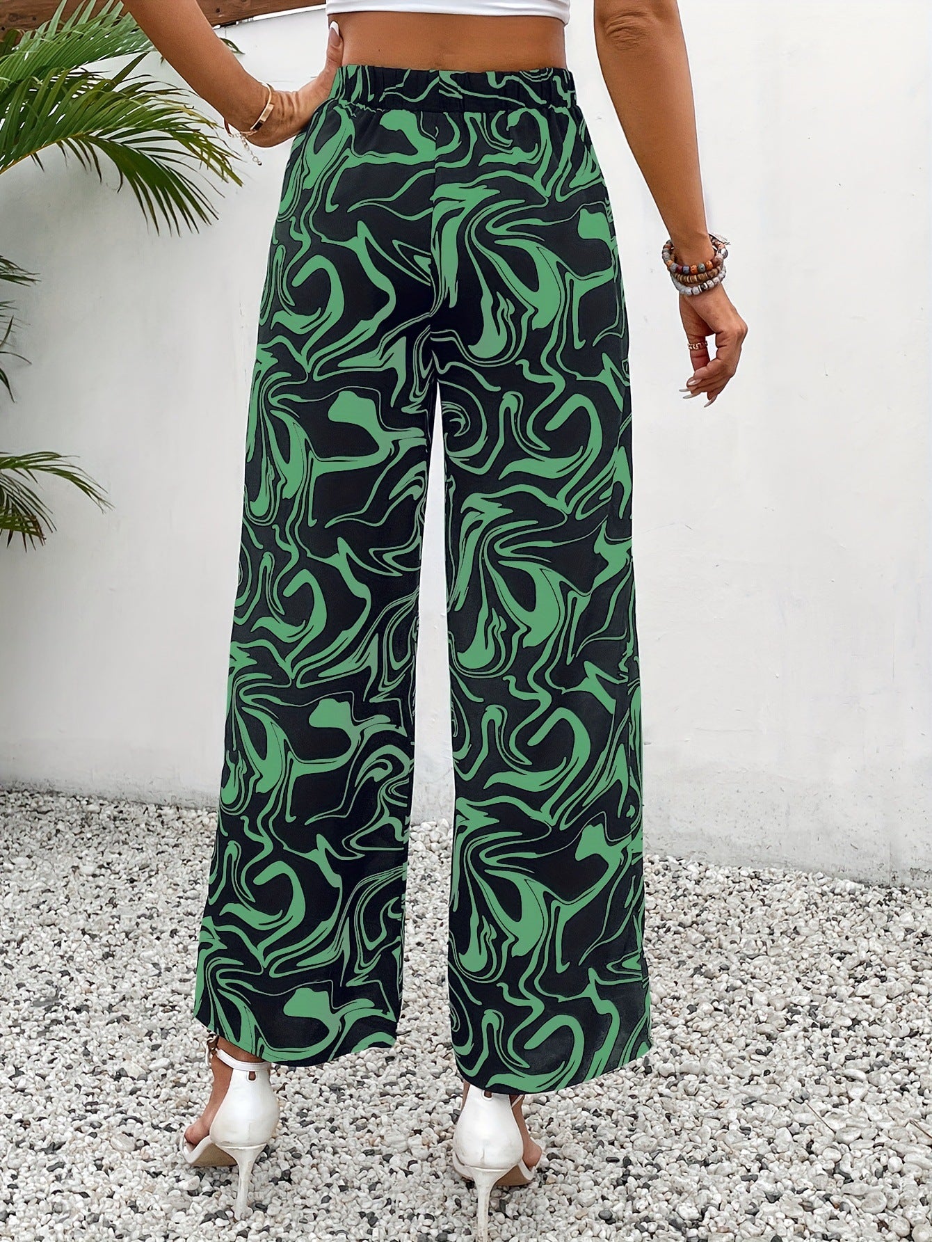 Spring Autumn Elastic High Waist Pants Draping Casual Marble Print Straight Leg Trousers Women