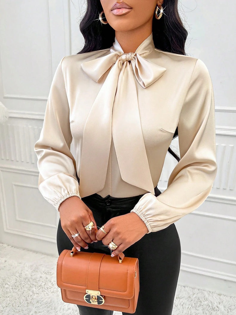 Women Clothing Autumn Satin Shirt Bow Long Sleeve Top
