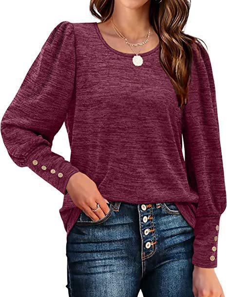Women Autumn Winter Loose Casual Puff Sleeve Round Neck Long Sleeve T shirt